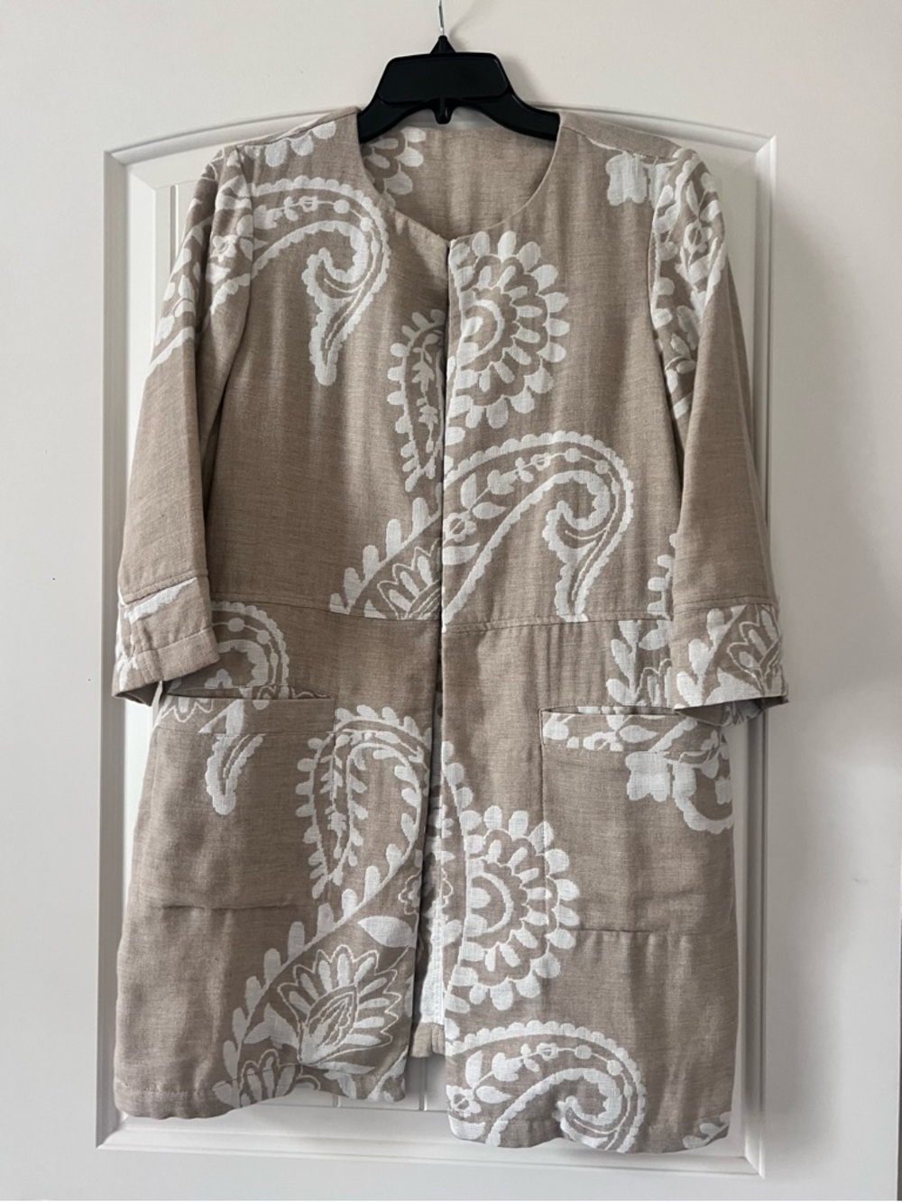 Chico's Womens 1 Floral Jacquard Tan White Linen Cotton Boho Open Jacket Duster - Picture 7 of 7